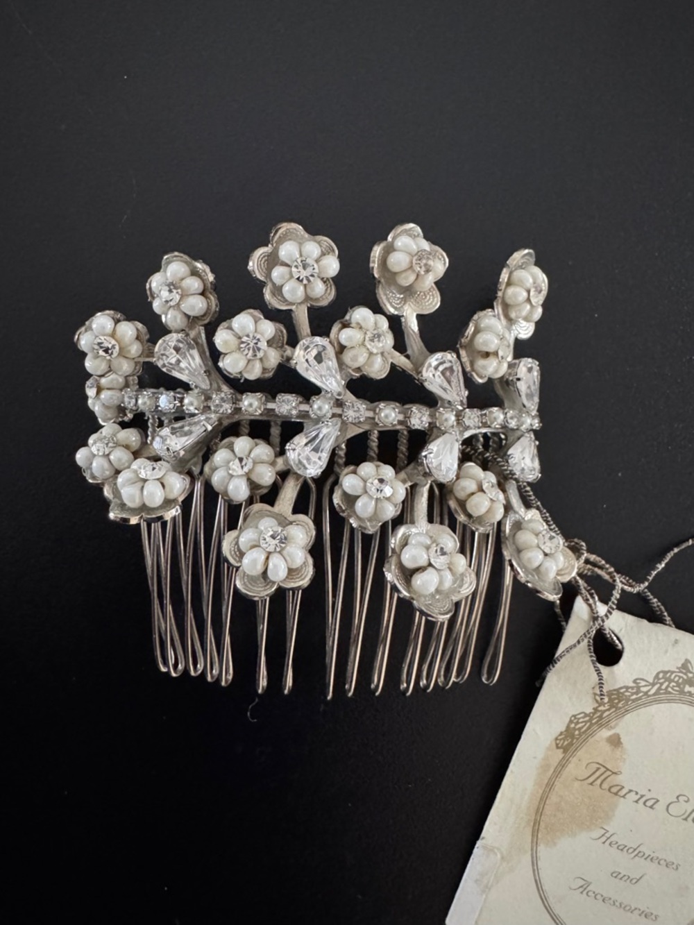 Vintage Maria Elena Headpiece Bridal Pearl & Crystal Flower Hair Comb - White